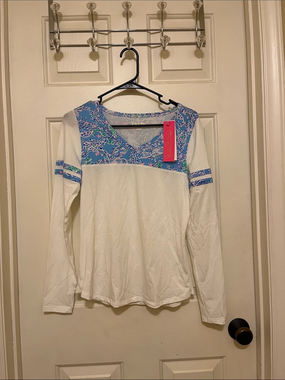Lilly Pulitzer White Long-Sleeve Top with Blue Floral Yoke